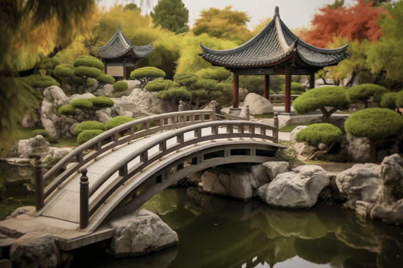 中式园林建筑岩石上的拱形桥和八角亭,高清,摄影图,摄影图片,图片大全,摄影图免费下载
